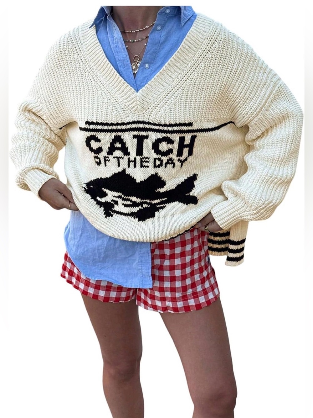 Catch of the Day Fish Graphic Knit Sweater | Size Large